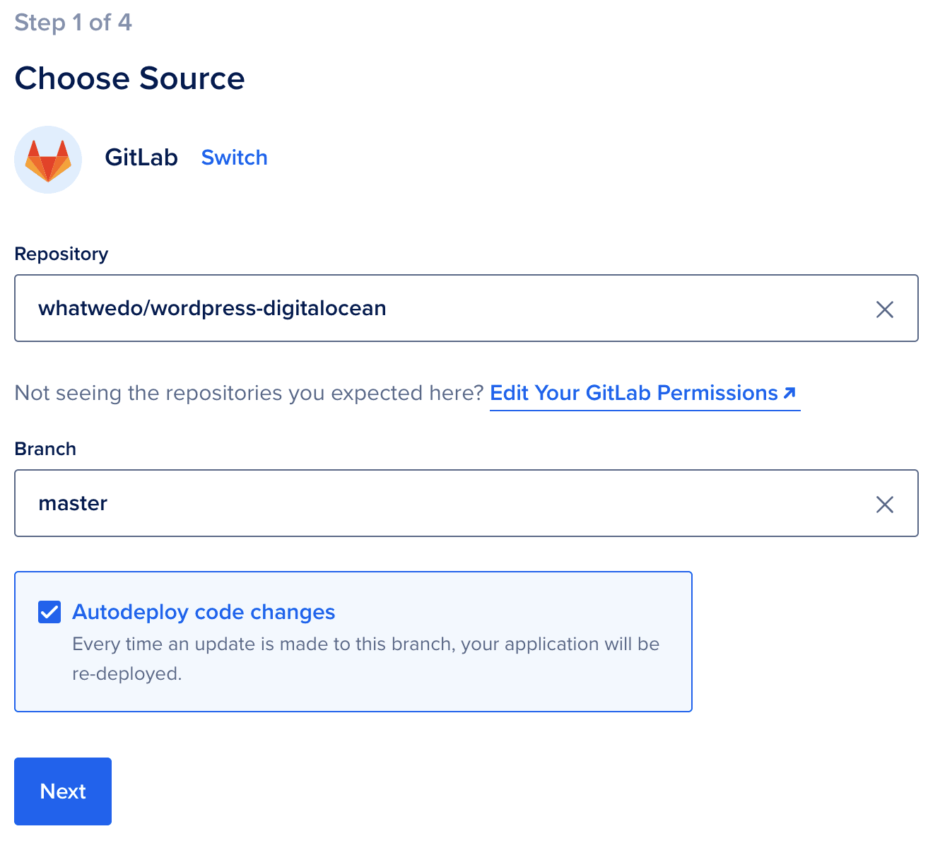 Repository und Branch wählen